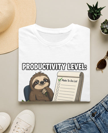 T-Shirt — "Productivity Level: I Made a List" Sloth Graphic Tee
