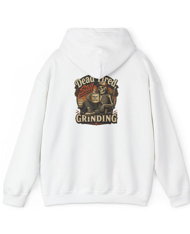 Hoodie — "Dead Tired Still Grinding" Vintage Skeleton Graphic